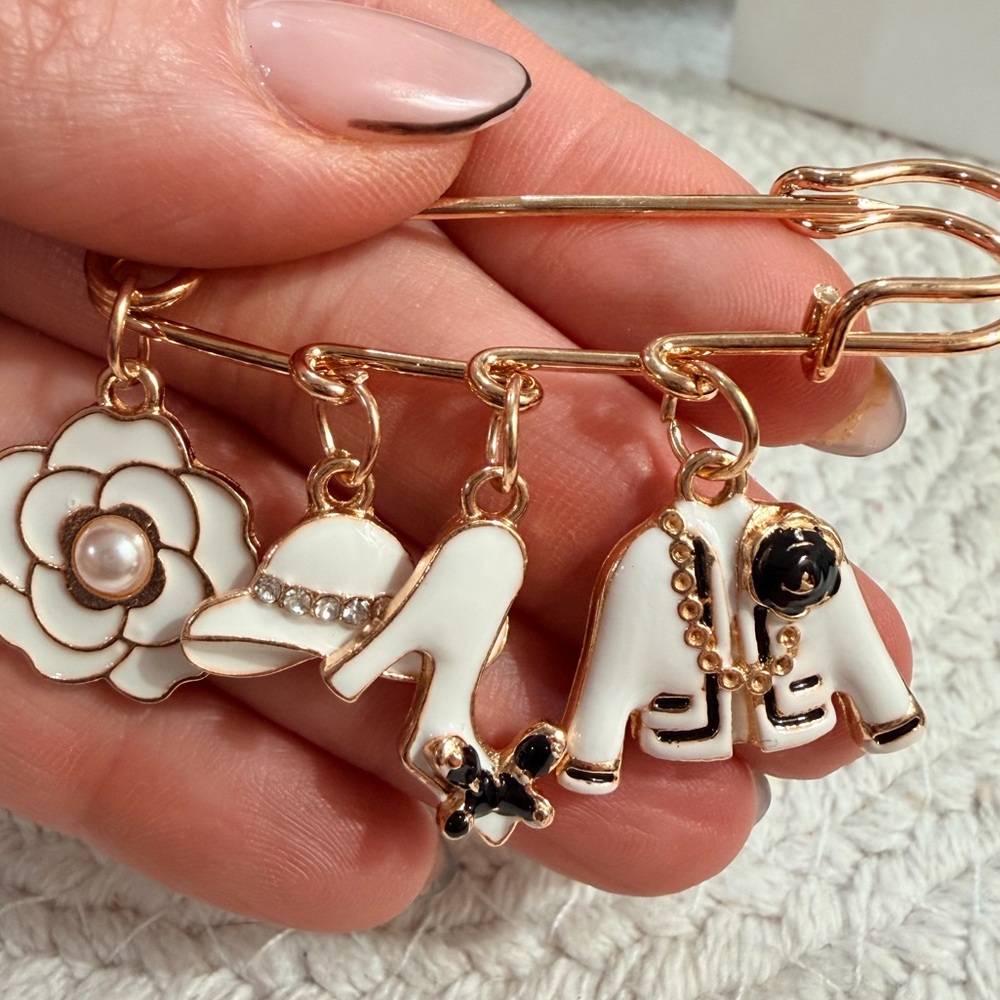 Gold-Tone White Enamel Fashion Brooch Charm Set